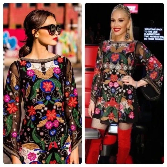 Alice + Olivia Eleonora poet sleeve embroidered cocktail dress. - Picture 4 of 15